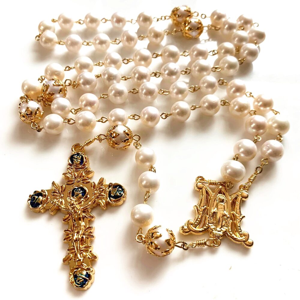 9796 HANDMADE AAA+ 10MM White Real Pearl BEADS ROSE CATHOLIC ROSARY CROSS